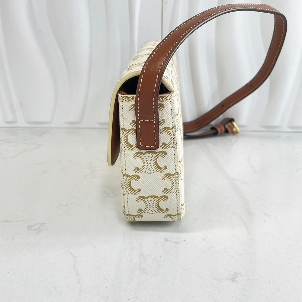 CELINE Triomphe Shoulder Bag White Monogram Canvas Calfskin Leather - Picture 4 of 11